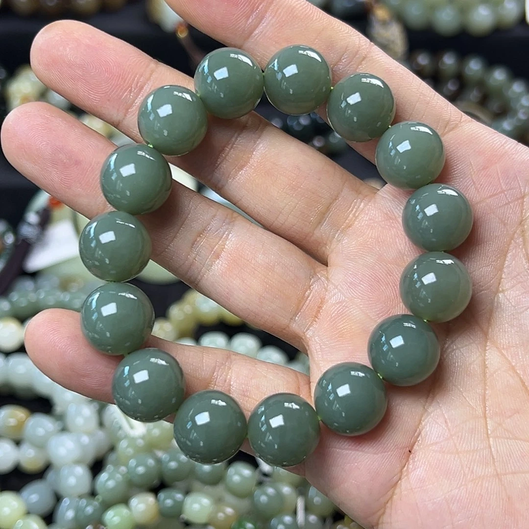 和田玉手链未镶嵌且末蓝卡14圆珠 油润