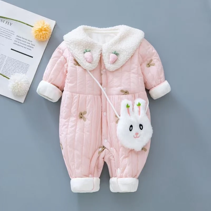 婴儿秋冬季新款超洋气可爱女宝宝薄棉加绒里衬无骨打底外出爬服