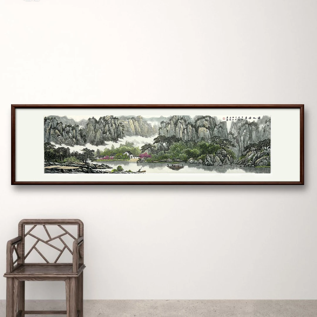 青山绿水人家新中式国画客厅书房办公室沙发背景墙壁画