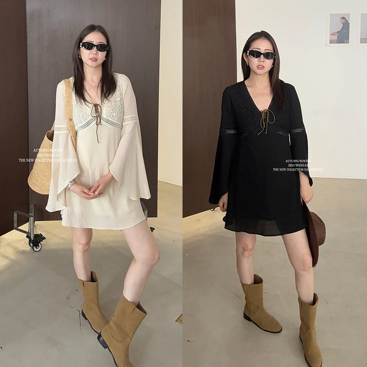 widelia陈姬儿夏季波西米亚风喇叭袖连衣裙飘逸V领绑带裙子7259