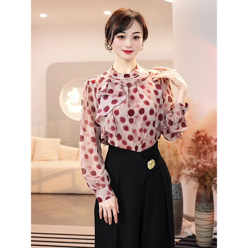 2025春秋季新款【6888】气质高级感宽松优雅波点圆领衬衫长袖上衣女