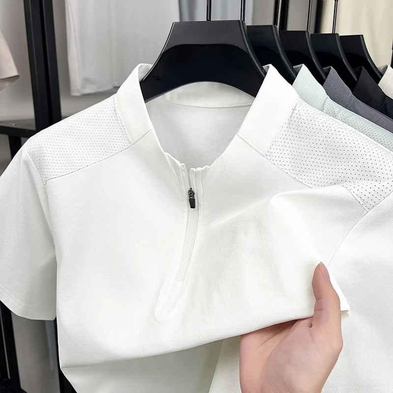 夏季新款男士拉链冰丝翻领T恤薄款运动透气polo修身潮流休闲短袖
