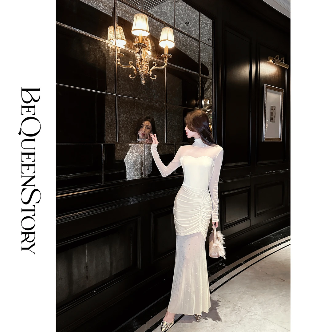 BeQueenStory【极夜星辰】轻奢气质蕾丝修身连衣裙金秘书穿搭2025