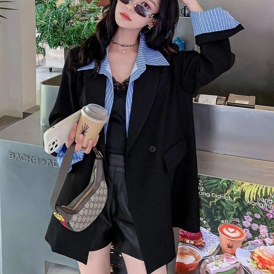 大码休闲西装外套女春秋2025新款高级穿搭宽松小众假两件西服胖