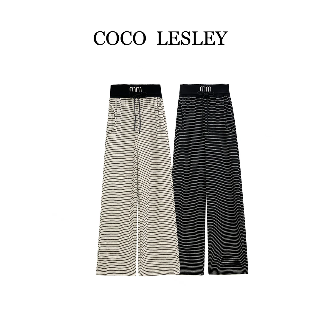 【COCO LESLEY】#68302#经典条纹刺绣直筒休闲裤2025秋显瘦重工长裤