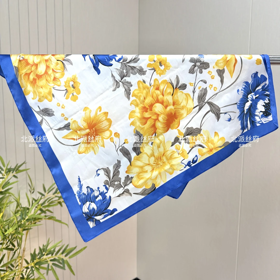 【蓝黄玉兰花】70方巾香云缎时尚高端气质印花夏季