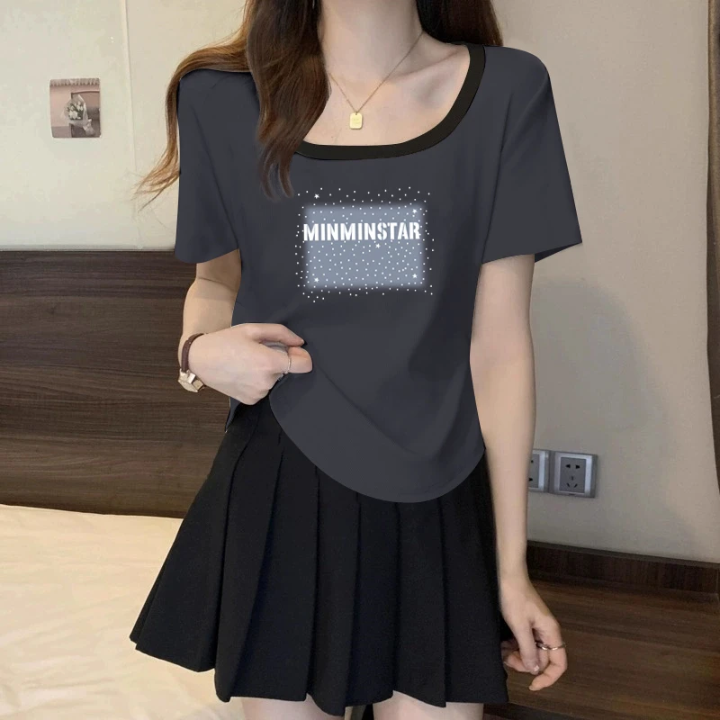 2025夏季新款方领收腰短袖正肩洋气t恤女修身显瘦百搭印花上衣服