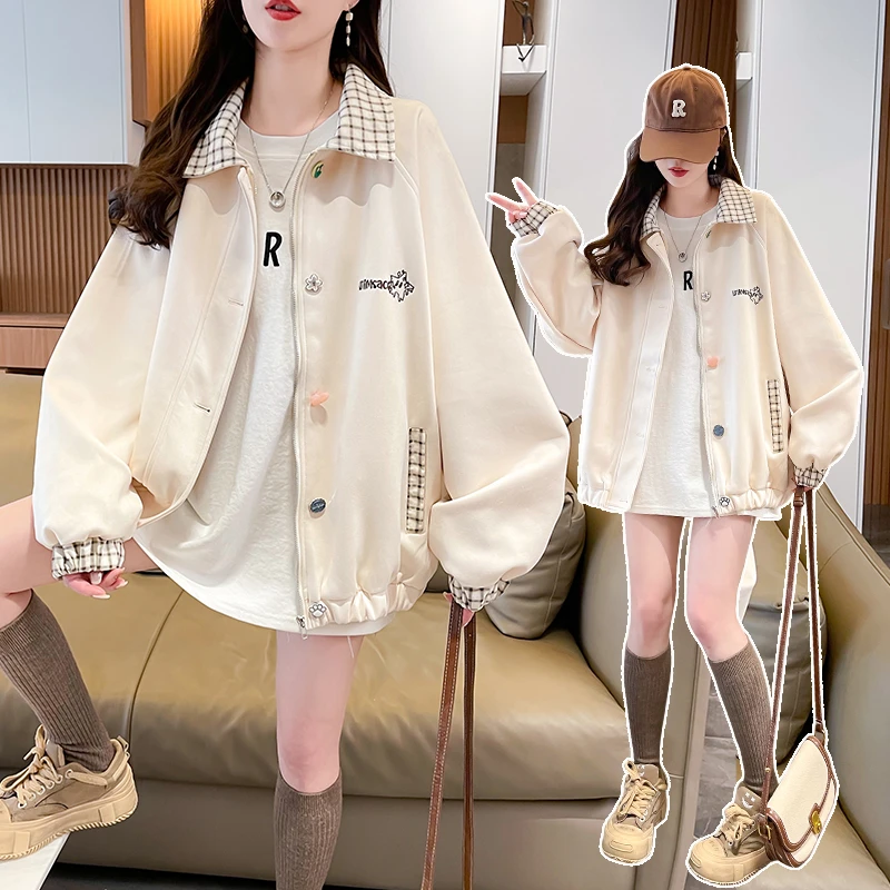 格子拼接翻领棒球服外套女学生春秋新款韩系穿搭休闲宽松夹克上