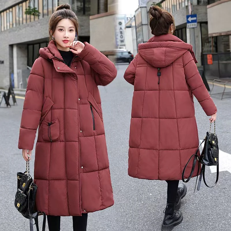 2402款女冬新款中长款连帽加厚棉服