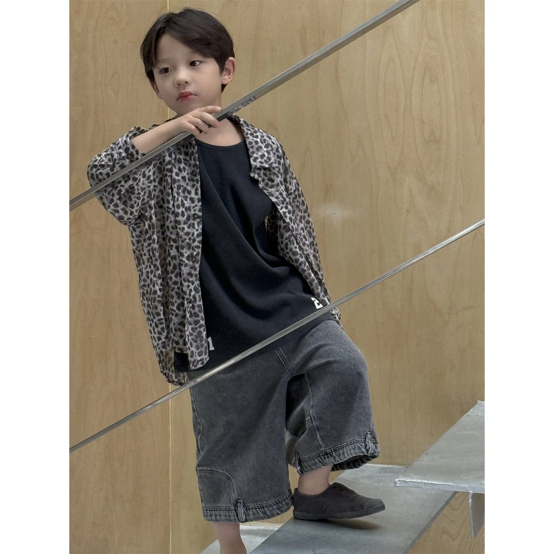 in 爱：nl25夏季男童衬衫儿童薄款灰色豹纹衬衫防晒衣外套潮90553