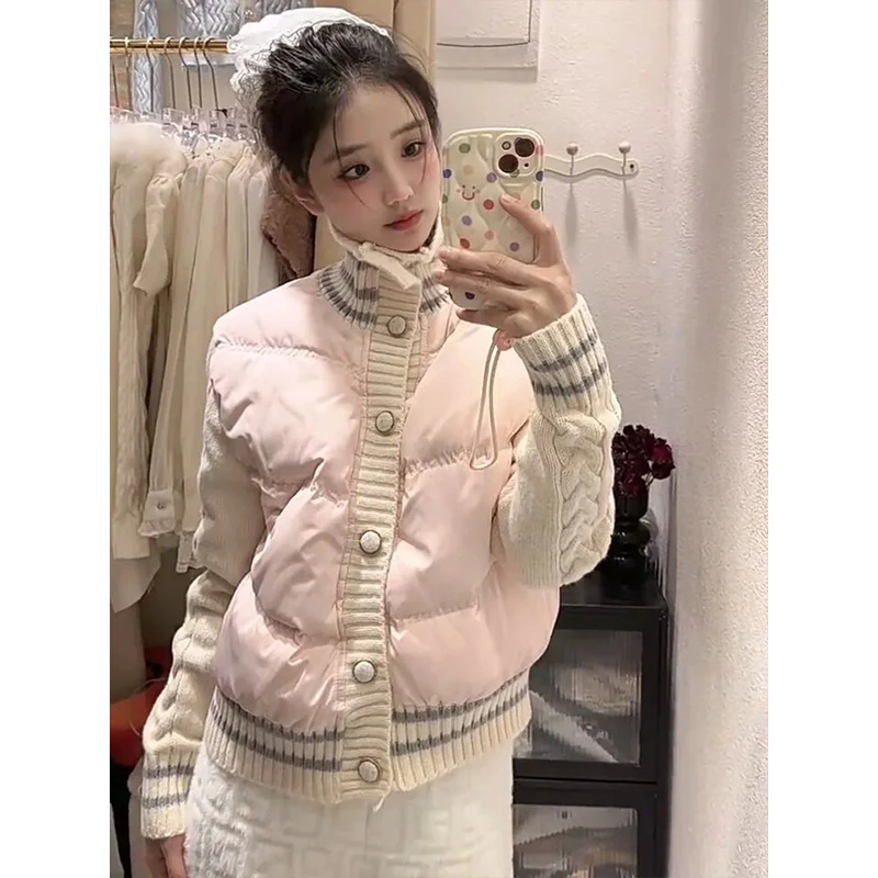 韩版设计感针织拼接短款棉服女冬季新款修身保暖面包服棉衣外套潮
