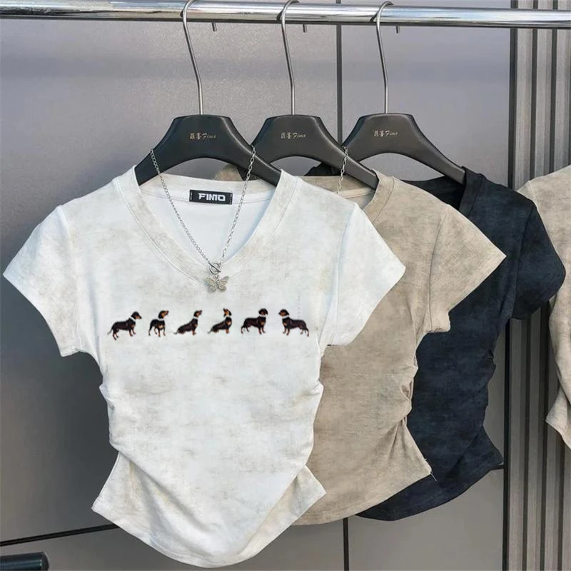 【西特芳】2025夏季新款扎染印花V领T恤短袖收腰显瘦女上衣夏短袖