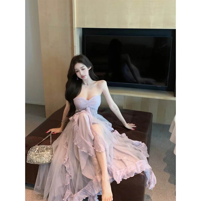 法式气质度假风连衣裙2025夏季新款设计感抹胸长裙紫色收腰裙子女