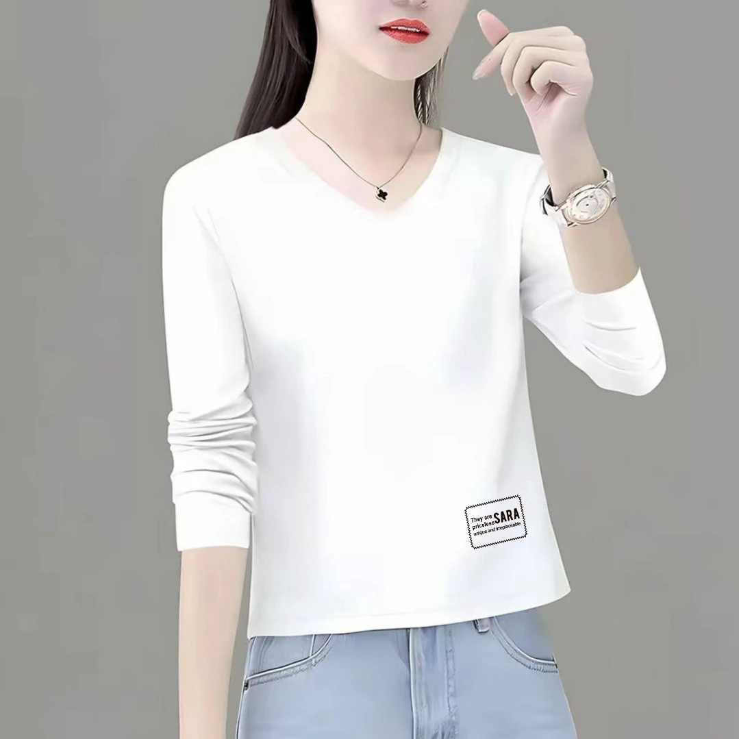 100%纯棉V领长袖T恤女春秋季新款矮个子洋气短款打底衫V领上衣