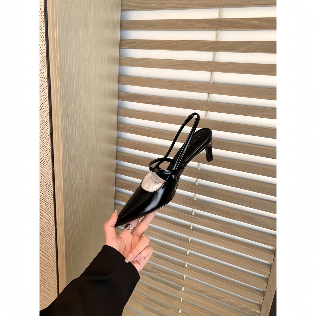 牛皮版~2024新苏茵茵同款真皮尖头细高跟鞋ol通勤单鞋女后空凉鞋