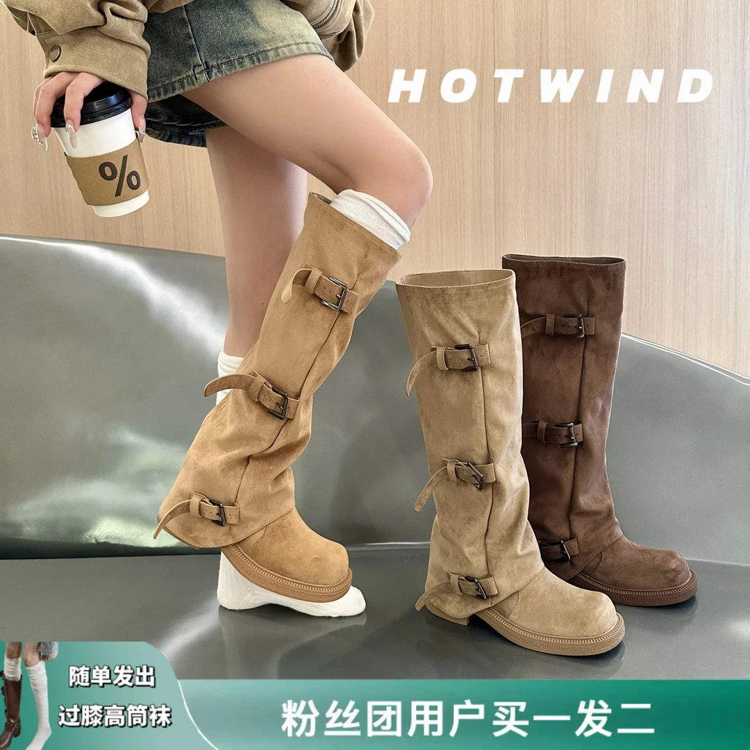 Hotwind/热风显瘦增高褶皱感长筒靴2025新款皮带扣不过膝骑士靴