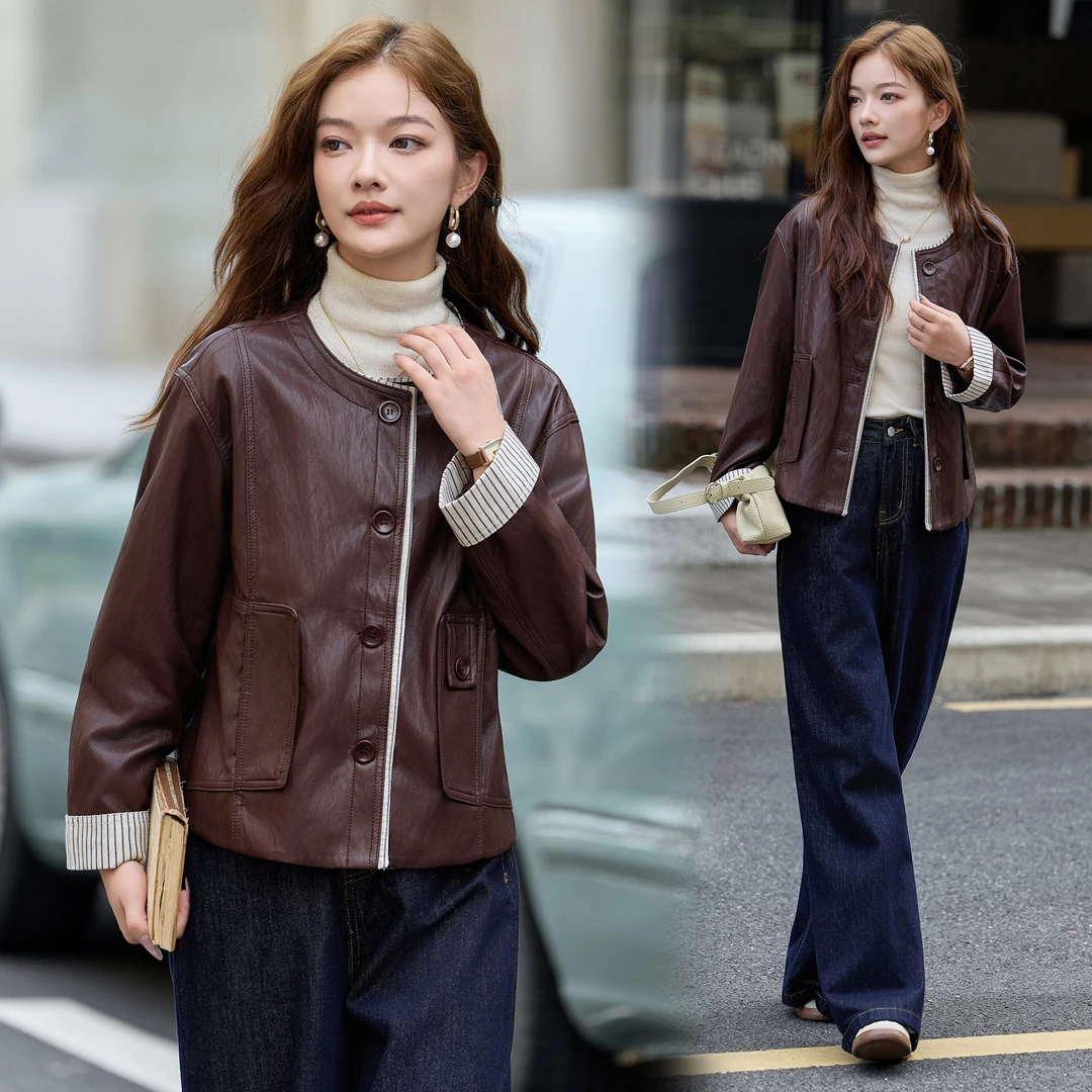 美拉德条纹拼接水洗皮外套女2025春秋网红炸街休闲百搭夹克上衣