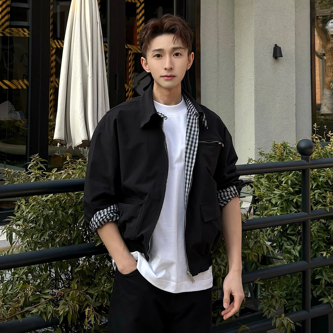 韩国男装 【春装】双面穿翻惠林顿领夹克外套 宽松阔版短宽上衣