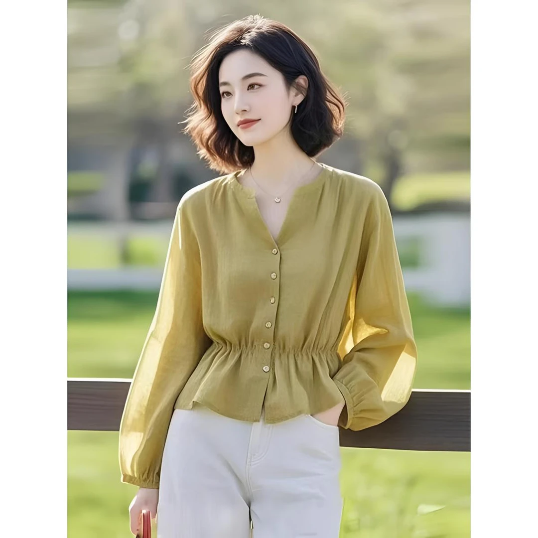开春小众穿搭超好看独特漂亮洋气芥末绿色衬衫女士上衣