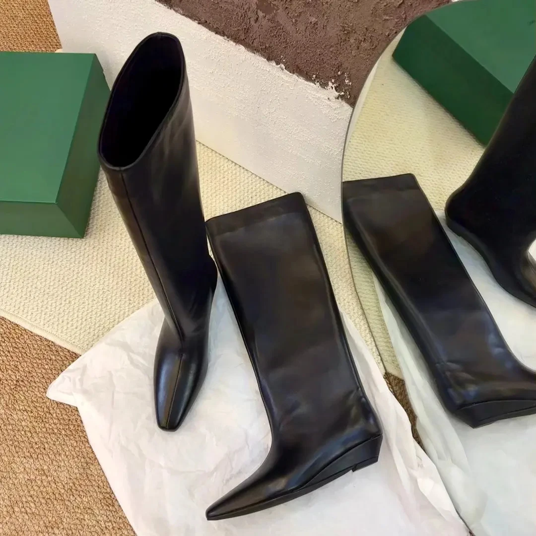 【王二今】牛皮/4.5CM/极简高级坡跟酷飒A显瘦裸靴骑士靴气质长筒靴