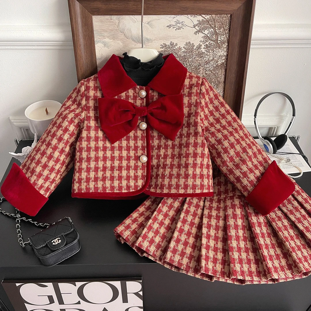 女童小香风套装秋冬新款格子小女孩年服夹棉外套百褶裙拜年服套装