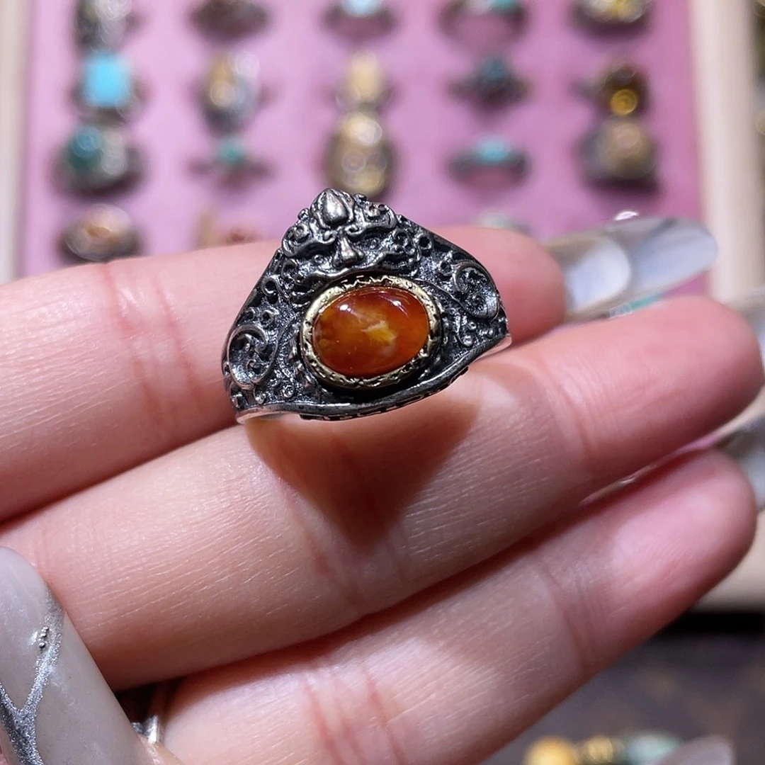 琥珀银S925镶嵌戒指戒指