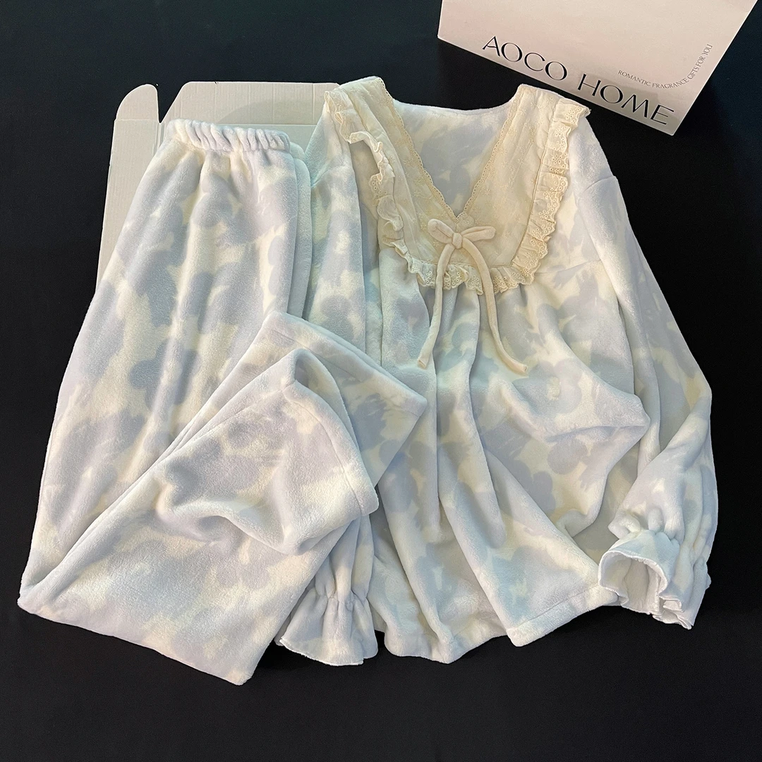 冬季ins法兰绒睡衣女新款蓝色V领蝴蝶结日系加厚保暖家居服套装