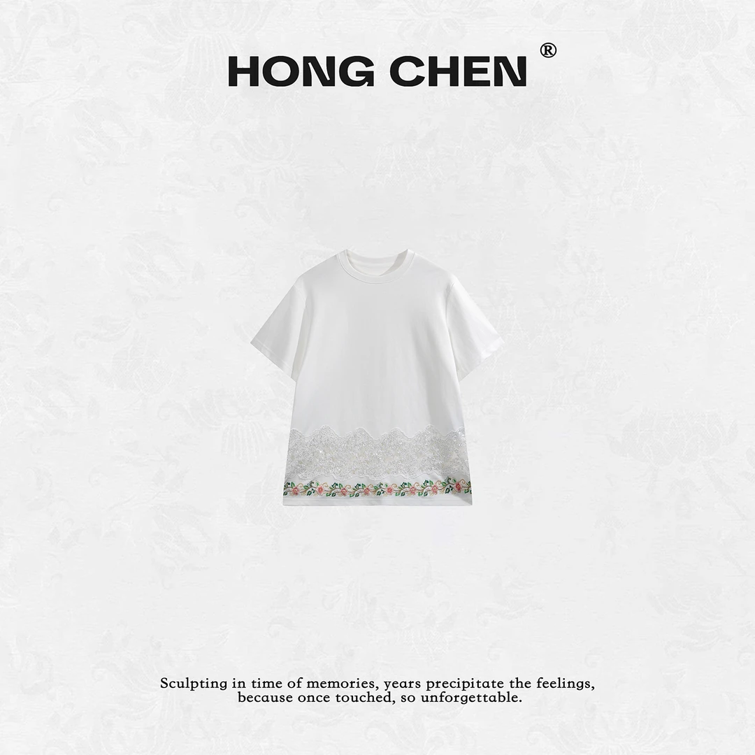 【虹辰】高端时尚优雅镂空珠片勾花百搭高级感撞色刺绣短袖--HC2563