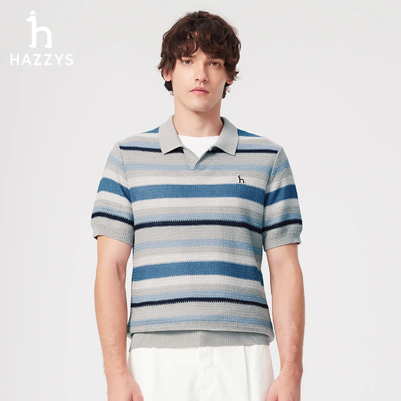【商场同款】Hazzys哈吉斯男士条纹针织短袖夏季Polo衫休闲翻领T恤