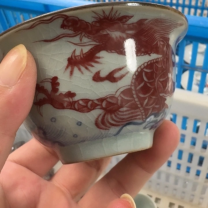 瓷片老陶泥釉里红鱼化龙大压手杯
