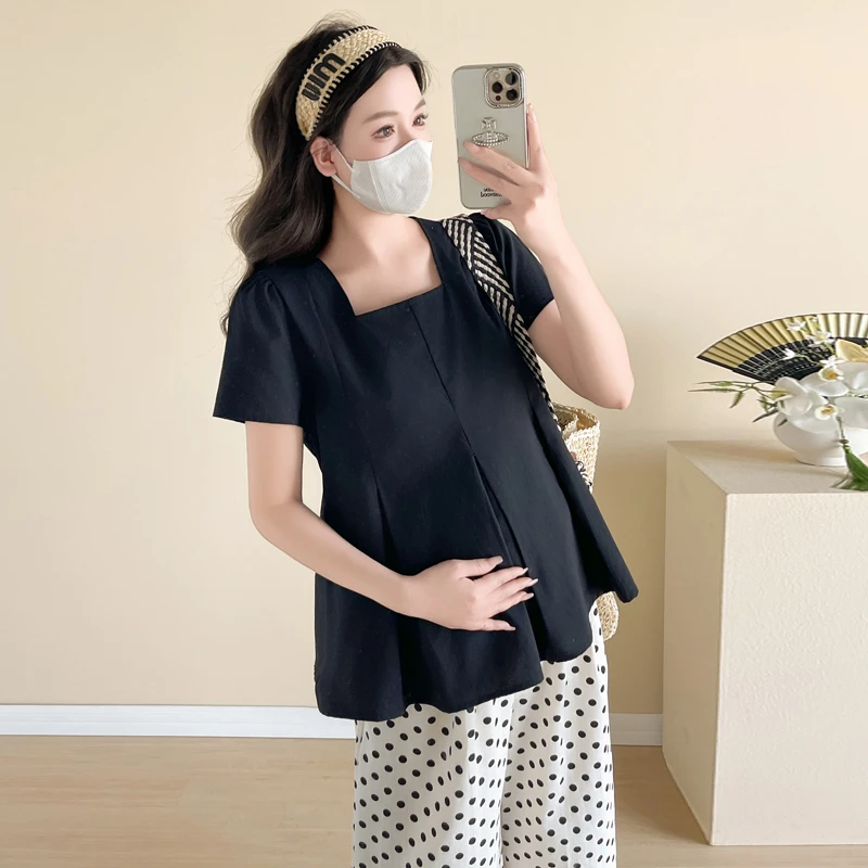 孕妇装2025夏季韩版时尚显瘦方领短袖娃娃衫气质衬衫上衣产后可穿