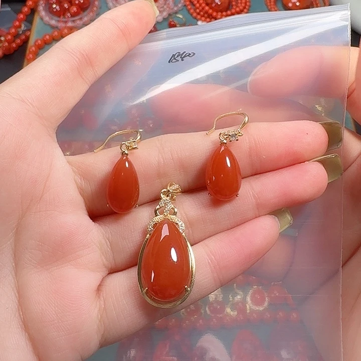 南红玛瑙银S925镶嵌一套