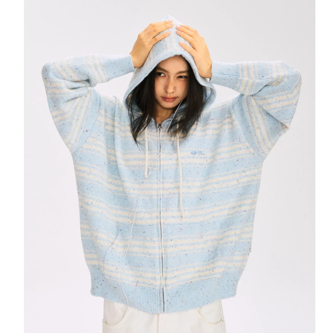 F426logo彩点条纹连帽毛衣春季宽松针织开衫毛衣 6552