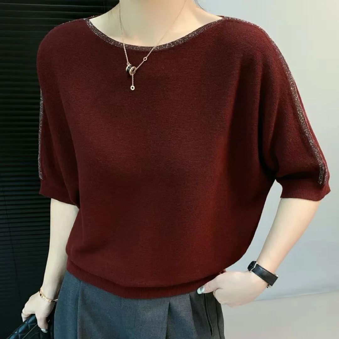 时尚潮流一字肩烫钻宽松针织衫