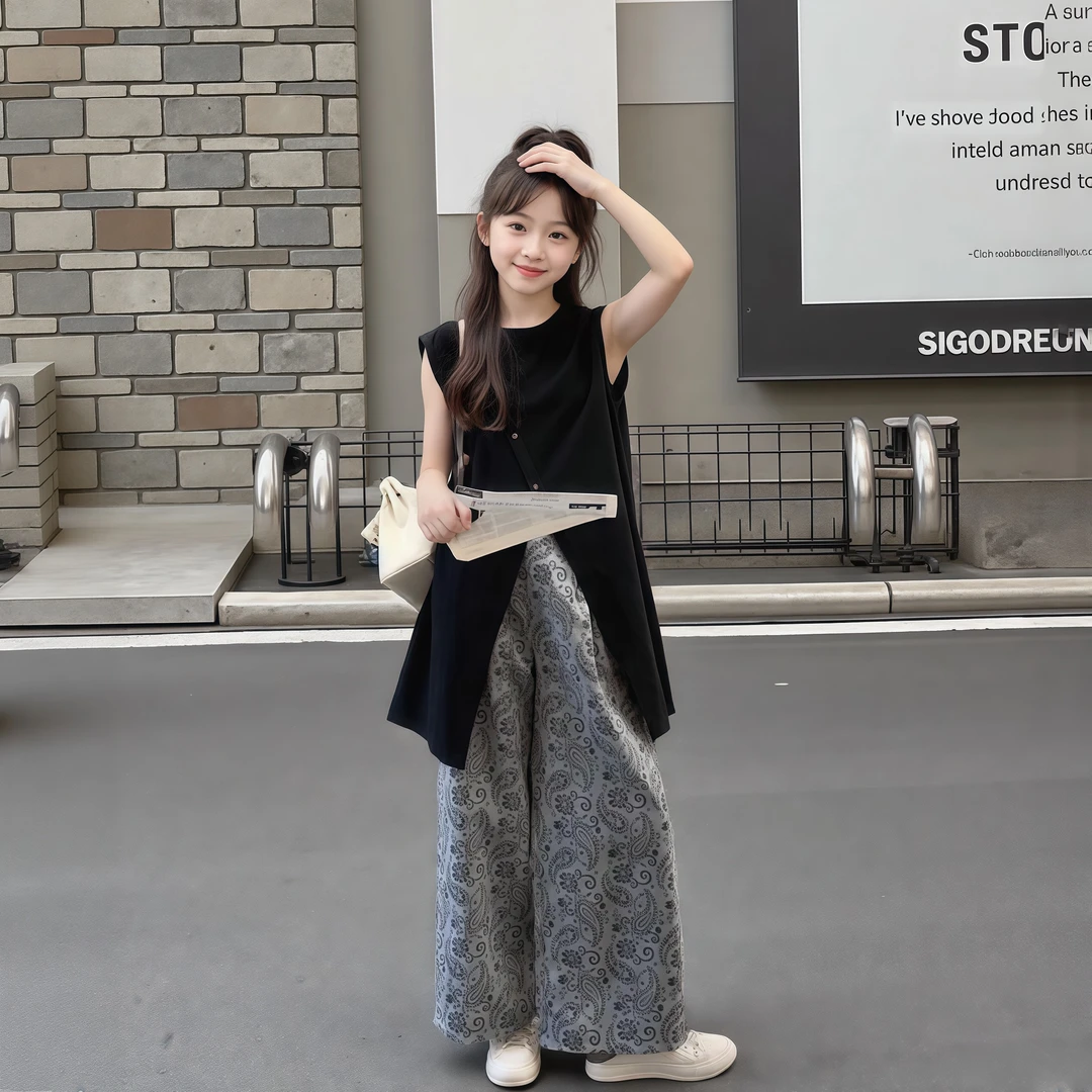 女童夏季黑色开叉上衣套装中大童时尚休闲儿童夏装薄款印花阔腿裤
