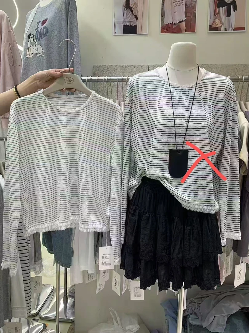 温柔瑶-Misshappy#条纹减龄花边显瘦上衣#86868