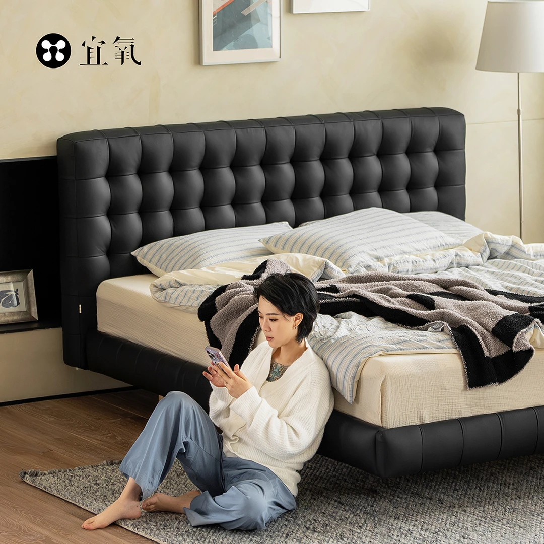 宜氧云悠悠床 头层牛皮真皮床实木榉木排骨架悬浮床复古主卧大床