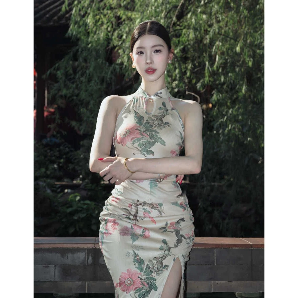 【9932】新中式无袖收腰旗袍裙女夏气质修身国风开衩挂脖包臀裙