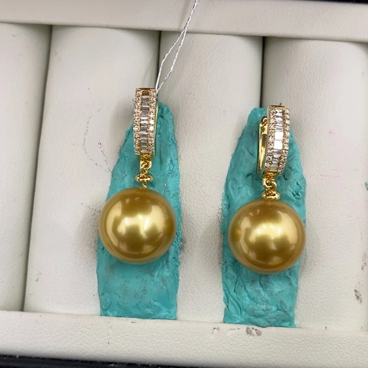 海水珍珠耳饰18K金镶嵌金珠浓茶金18k金耳饰12.6mm