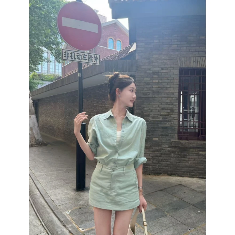 2025女士时尚夏装长袖薄款防晒开衫上衣高腰a字半身裙短裙子套装
