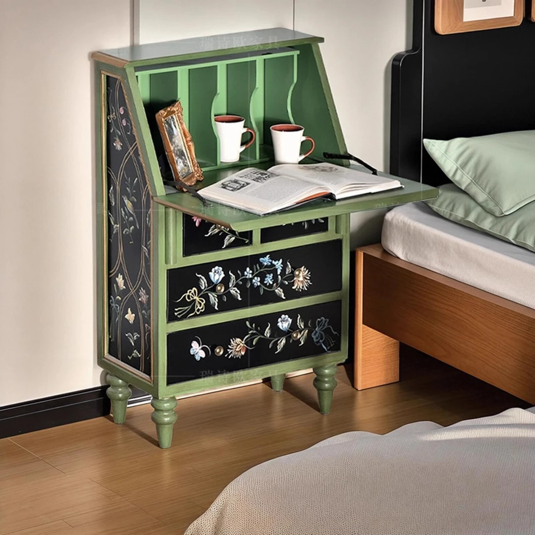 美式乡村复古绿四斗柜彩绘实木简约翻板书桌客厅电脑桌酒柜书柜