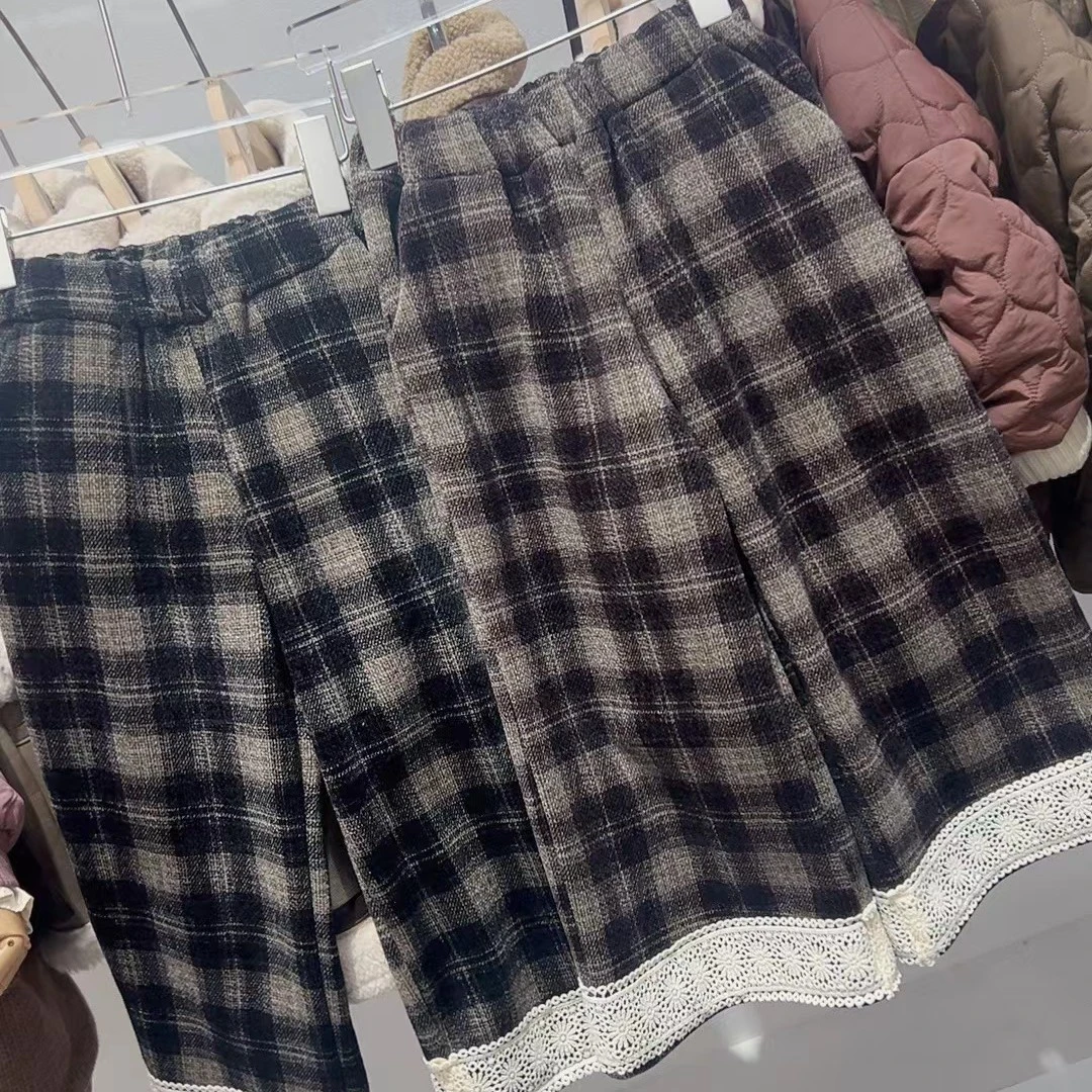 女童雪尼尔格子加厚阔腿裤。扣号链接