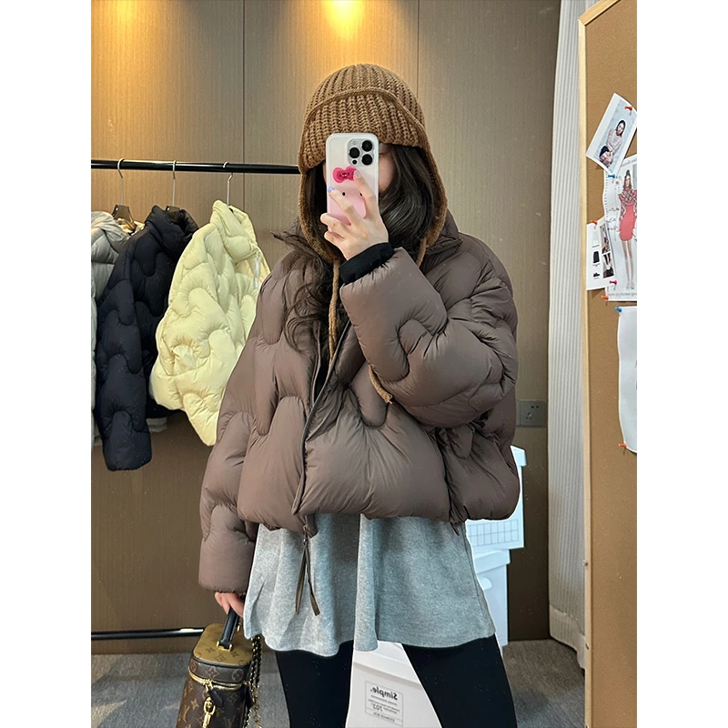 咖色波浪羽绒服女2025冬季新款小个子加厚90白鸭绒面包服短款外套