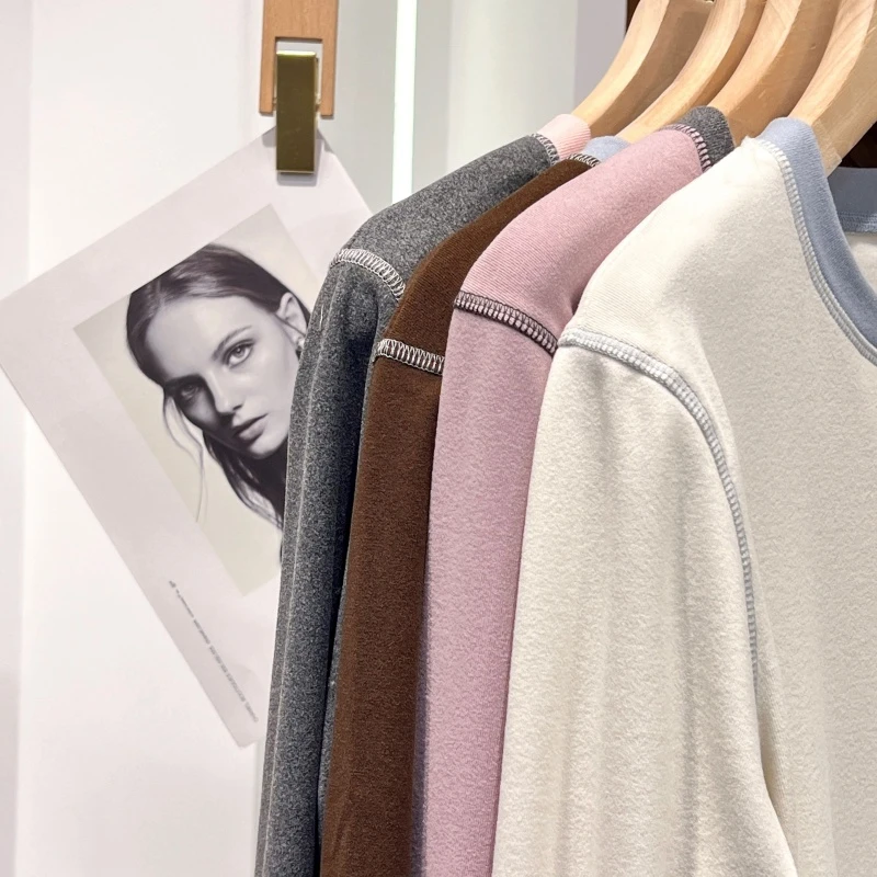 羊范秋冬新款撞色圆领德绒打底衫女可外穿长袖百搭气质简约打底衫