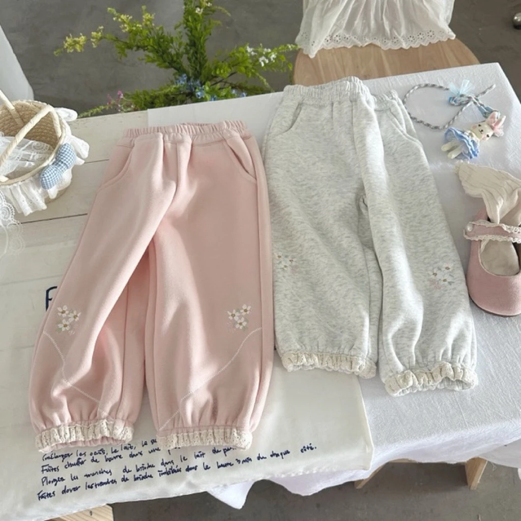 【原创设计品牌】jw&kids 2515女童秋冬一体绒卫裤韩绣花运动裤长裤