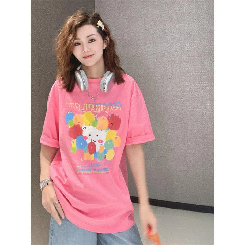 哥弟阿玛施正女装2025夏季新款时尚可爱喵卡通印花宽松短袖T恤女