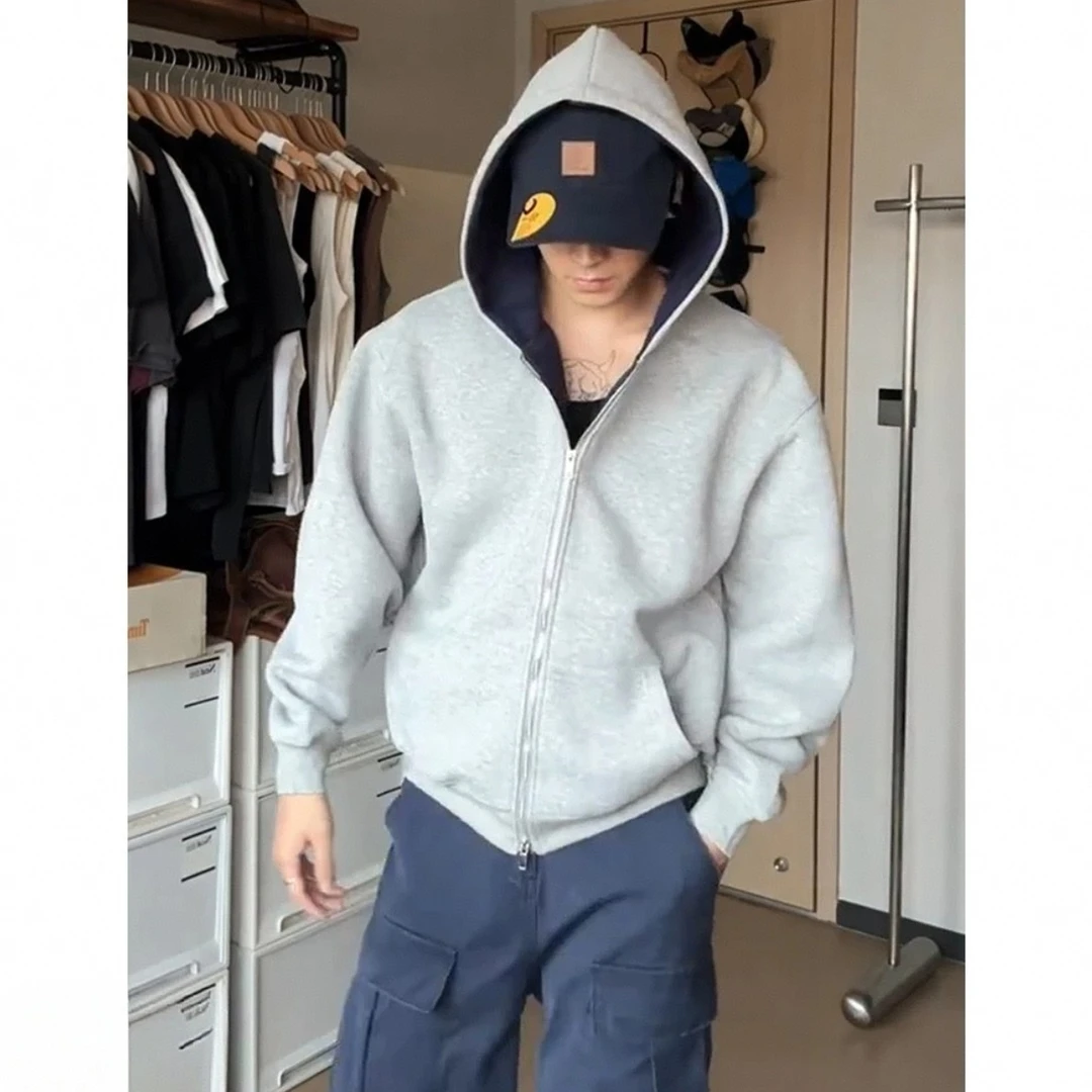 双11灰色连帽卫衣春秋男款宽松休闲百搭双拉链外套上衣长袖开衫潮