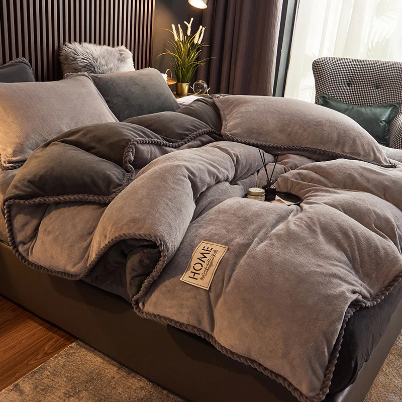 水星高端家纺轻奢风北欧牛奶绒四件套双面珊瑚绒加厚床上用品被套