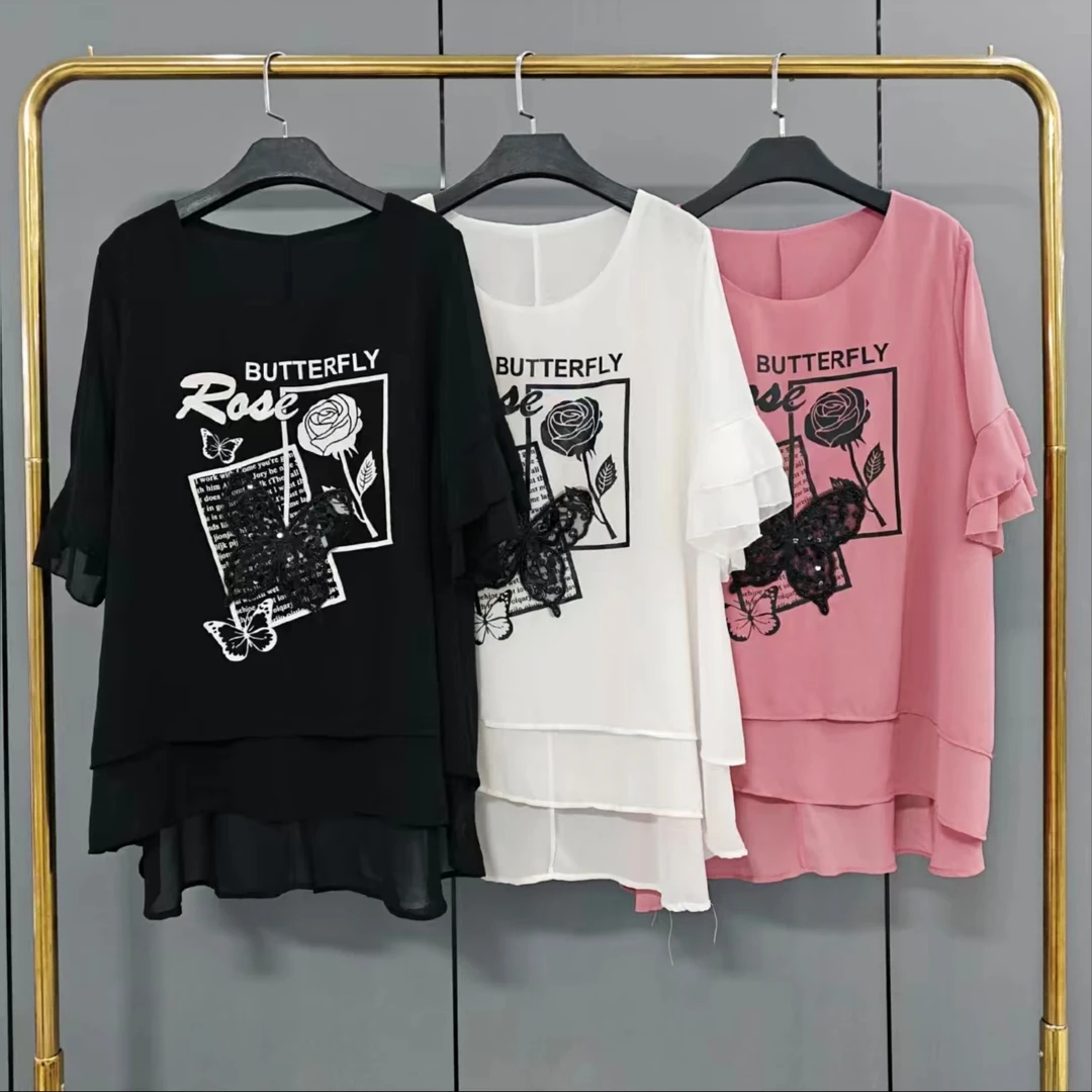 大码女装夏季新款洋气蝴蝶串珠亮片印花半袖雪纺衫8496