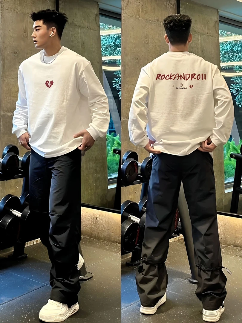 秋冬美式休闲长袖T恤百搭重磅纯棉宽松潮流高街情侣印花男上衣